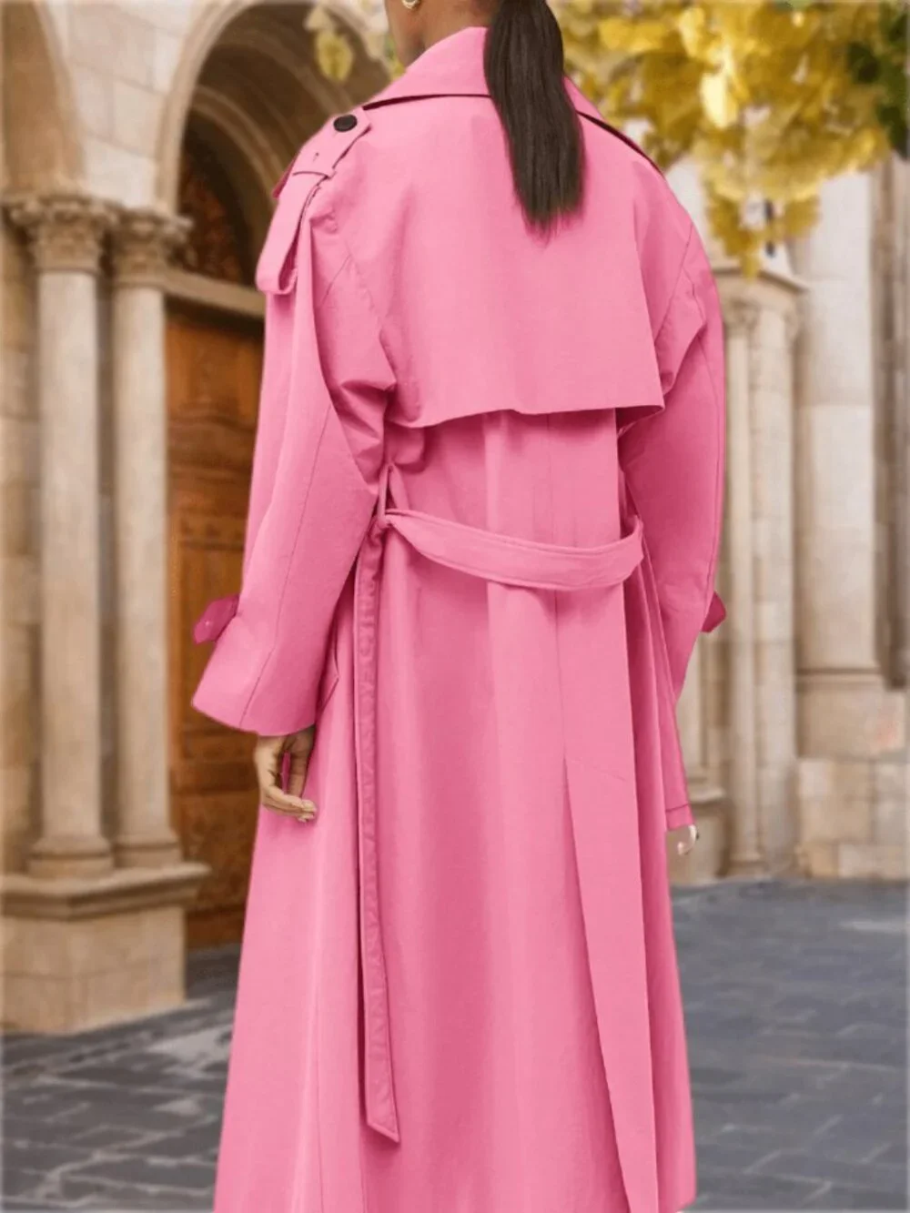 Pink Casual Women's Oversized Belted Trench Coat